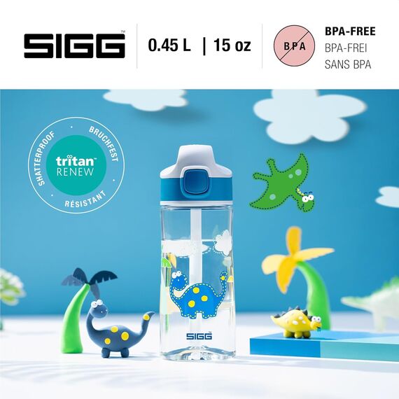 SIGG - Tritan Trinkflasche Kinder - Miracle Dinosaurier - Mit Trinkhalm - Auslaufsicher - Spülmaschinenfest - Microwellengeeignet - Kratzresistent - BPA-frei - Schule & Sport - Blau - 0,45L