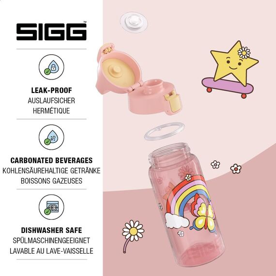 Sigg - Trinkflasche Kinder - Viva One Rainbow - Für Kohlensäurehaltige Getränke Geeignet - Auslaufsicher - Spülmaschinenfest - BPA-frei - Sport & Schule - Rosa mit Regenbogen - 0,5L