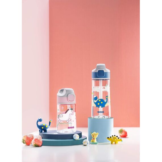 SIGG - Tritan Trinkflasche Kinder - Miracle Dinosaurier - Mit Trinkhalm - Auslaufsicher - Spülmaschinenfest - Microwellengeeignet - Kratzresistent - BPA-frei - Schule & Sport - Blau - 0,45L
