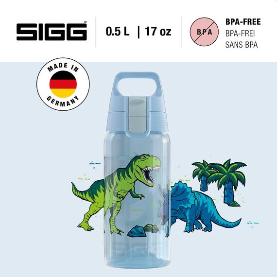 Sigg - Trinkflasche Kinder - Viva One Dinosaurs - Für Kohlensäurehaltige Getränke Geeignet - Auslaufsicher - Spülmaschinenfest - BPA-frei - Sport & Schule - Blau - 0,5L