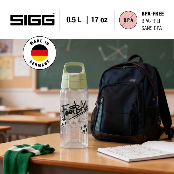 Sigg - Trinkflasche Kinder - Viva One Football Splash - Für Kohlensäurehaltige Getränke Geeignet - Auslaufsicher - Spülmaschinenfest - BPA-frei - Sport & Schule - Transparent - 0,5L