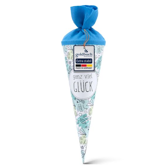goldbuch 93 216 Geschwistertüte ganz viel Glück, Schultüte mit Skizzen-Muster, Lackkarton, Geschenkverpackung mit blauem Filzverschluss (ohne Verschlussband), Zuckertüte rund, Länge 35 cm, Ø 11,5 cm