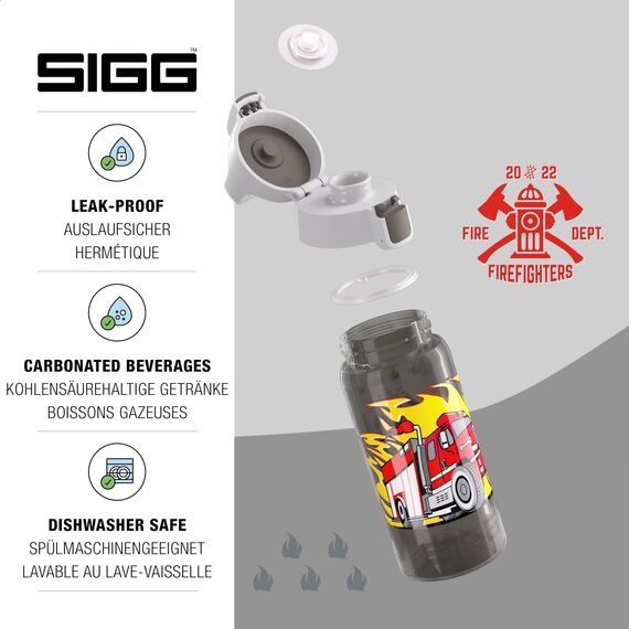 Sigg - Trinkflasche Kinder - Viva One Firetruck - Für Kohlensäurehaltige Getränke Geeignet - Auslaufsicher - Spülmaschinenfest - BPA-frei - Sport & Schule - Grau & Rot mit Feuerwehrfahrzeug - 0,5L
