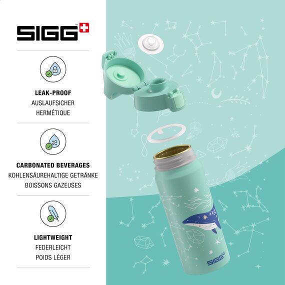 Sigg - Alu Trinkflasche Kinder - WMB ONE Dive - Für Kohlensäurehaltige Getränke Geeignet - Auslaufsicher - Federleicht - BPA-frei - Klimaneutral Zertifiziert - Sport & Schule - Helltürkis - 0,6L