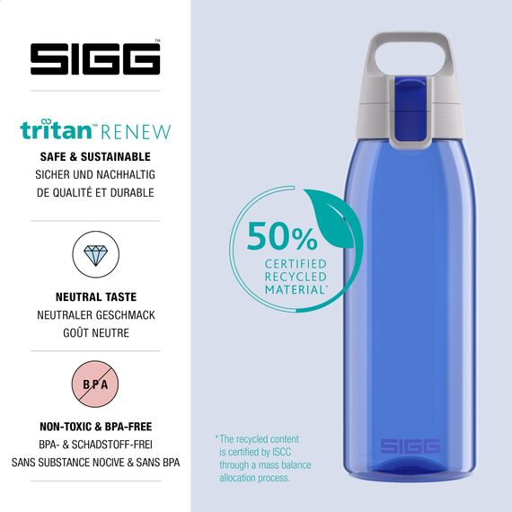 Sigg - Tritan Trinkflasche - Total Color ONE Blue - Für Kohlensäurehaltige Getränke Geeignet - Spülmaschinenfest - Auslaufsicher - Leicht - BPA-frei - Blau - 1L