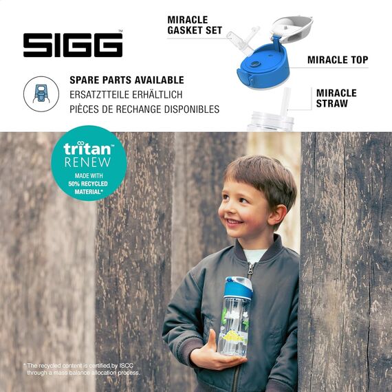 SIGG - Tritan Trinkflasche Kinder - Miracle Dinosaurier - Mit Trinkhalm - Auslaufsicher - Spülmaschinenfest - Microwellengeeignet - Kratzresistent - BPA-frei - Schule & Sport - Blau - 0,45L
