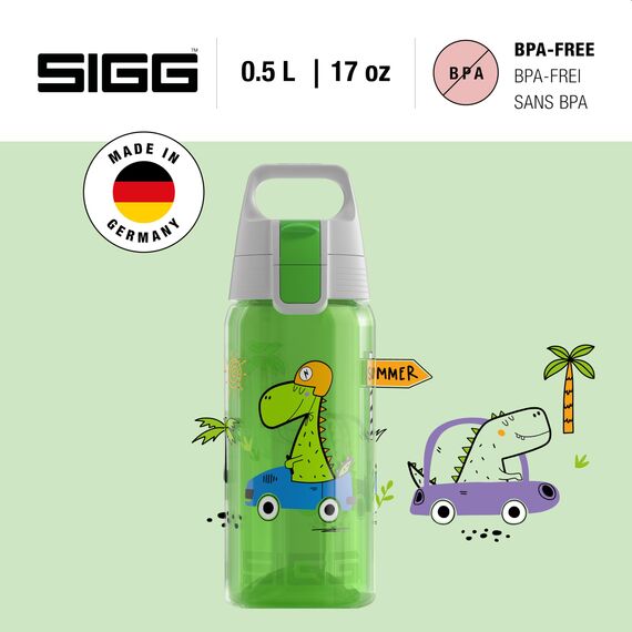 Sigg - Trinkflasche Kinder - Viva One Dino Race Sonderedition - Für Kohlensäurehaltige Getränke Geeignet - Auslaufsicher - Spülmaschinenfest - BPA-frei - Sport & Schule - Blau - 0,5L