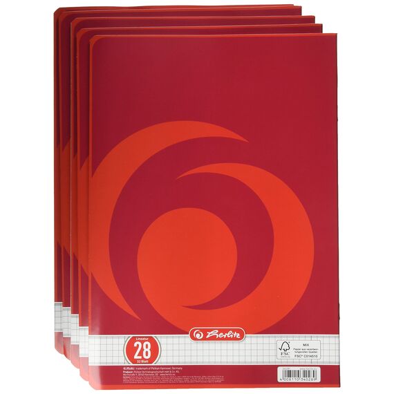 herlitz Schulheft A4, 32 Blatt, Lineatur 28, kariert mit Doppelrand, 5 Stück