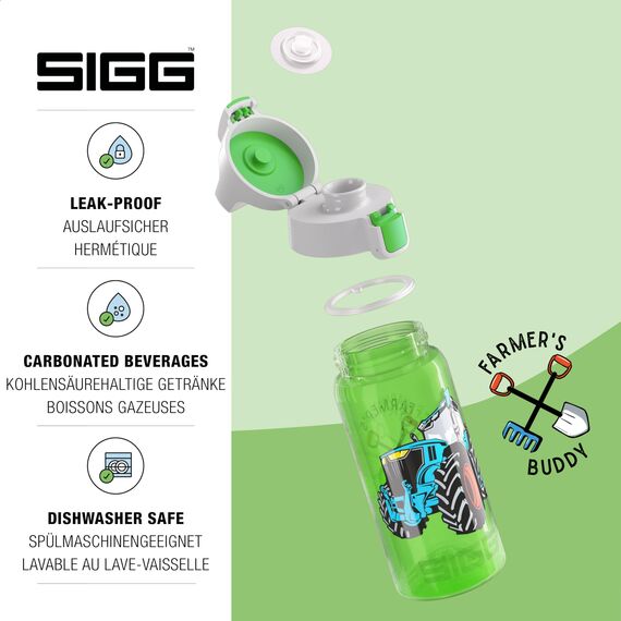 Sigg - Trinkflasche Kinder - Viva One Tractor - Für Kohlensäurehaltige Getränke Geeignet - Auslaufsicher - Spülmaschinenfest - BPA-frei - Sport & Schule - Grün mit Traktor - 0,5L