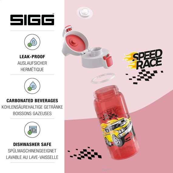 Sigg - Trinkflasche Kinder - Viva One Speed Race - Für Kohlensäurehaltige Getränke Geeignet - Auslaufsicher - Spülmaschinenfest - BPA-frei - Sport & Schule - Rot mit Rennwagen - 0,5L