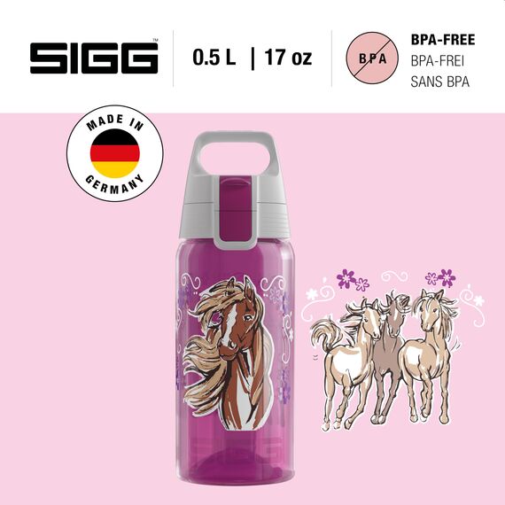 Sigg - Trinkflasche Kinder - Viva One Horse & Flower - Für Kohlensäurehaltige Getränke Geeignet - Auslaufsicher - Spülmaschinenfest - BPA-frei - Sport & Schule - Pink mit Pferden & Blumen - 0,5L