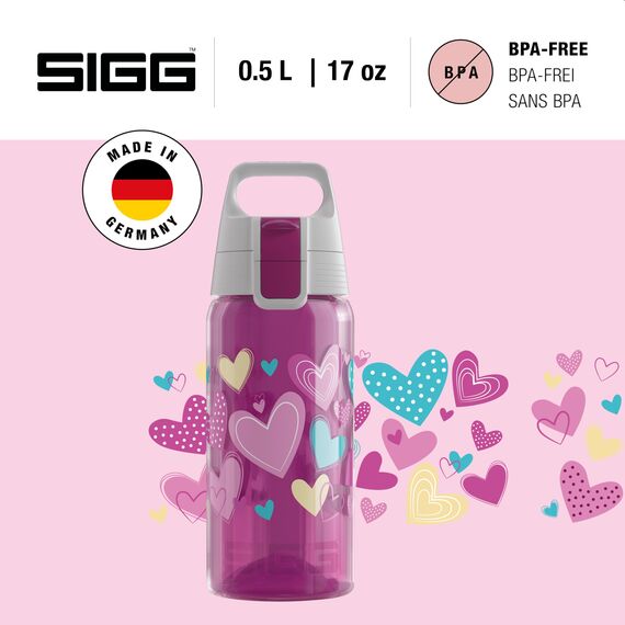 SIGG VIVA ONE Hearts Kinder Trinkflasche (0.5 L), schadstofffreie Kinderflasche mit auslaufsicherem Deckel, einhändig bedienbare Wasserflasche