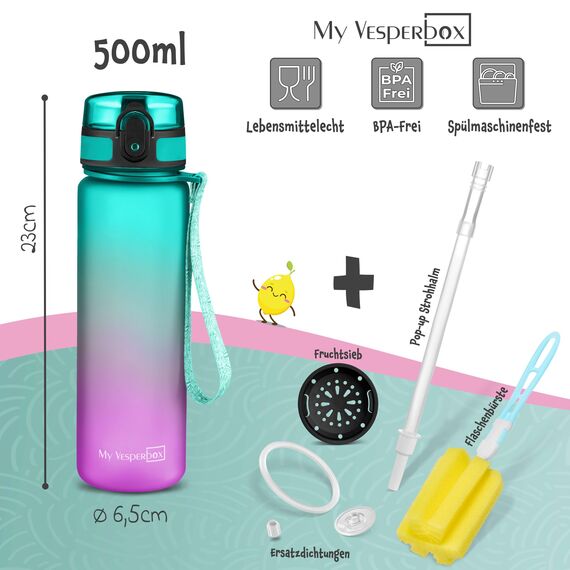 My Vesperbox – Minny - Kinder Trinkflasche auslaufsicher – 500ml – mit Strohhalm oder Sieb - leichte Tritan Wasserflasche - BPA frei - für Kindergarten, Schule (Lila - Grün 500ml)