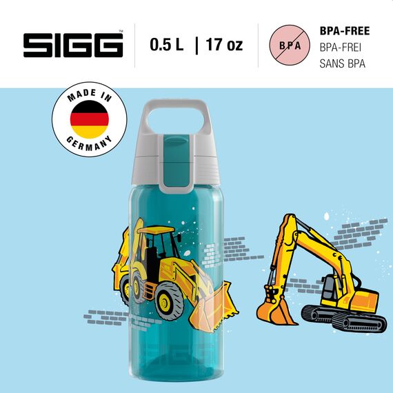 Sigg - Trinkflasche Kinder - Viva One Builder - Für Kohlensäurehaltige Getränke Geeignet - Auslaufsicher - Spülmaschinenfest - BPA-frei - Sport & Schule - Blau mit Baggerlader - 0,5L