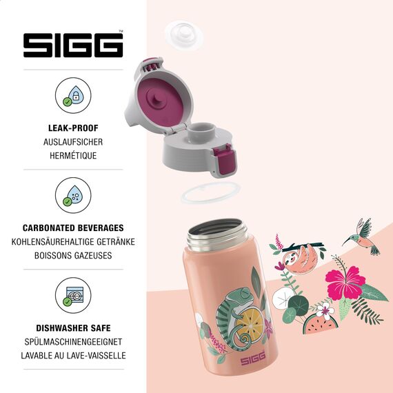Sigg - Edelstahl Trinkflasche Kinder - Shield One Flora - Für Kohlensäurehaltige Getränke Geeignet - Auslaufsicher - Federleicht - BPA-frei - Rosa - 0,5L
