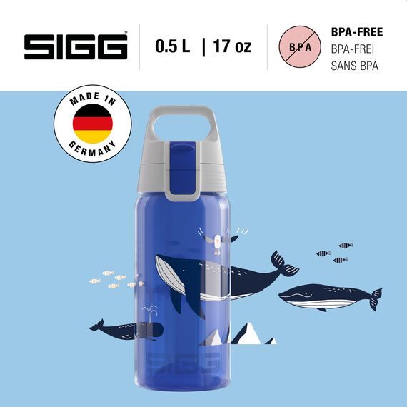 Sigg - Trinkflasche Kinder - Viva One Blue Whale - Für Kohlensäurehaltige Getränke Geeignet - Auslaufsicher - Spülmaschinenfest - BPA-frei - Sport & Schule - Blau mit Wal - 0,5L