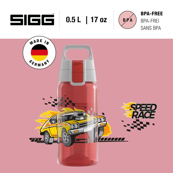Sigg - Trinkflasche Kinder - Viva One Speed Race - Für Kohlensäurehaltige Getränke Geeignet - Auslaufsicher - Spülmaschinenfest - BPA-frei - Sport & Schule - Rot mit Rennwagen - 0,5L