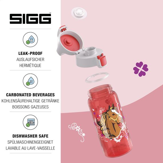 SIGG - Trinkflasche Kinder - Viva One Horses - Für Kohlensäurehaltige Getränke Geeignet - Auslaufsicher - Spülmaschinenfest - BPA-frei - Sport & Schule - Rot mit Pferden - 0,5L