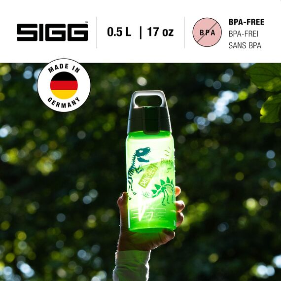 Sigg - Trinkflasche Kinder - Viva One Jurassica - Für Kohlensäurehaltige Getränke Geeignet - Auslaufsicher - Spülmaschinenfest - BPA-frei - Sport & Schule - Grün mit Dinosaurier - 0,5L