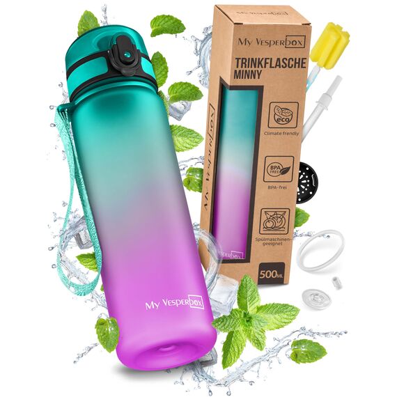 My Vesperbox – Minny - Kinder Trinkflasche auslaufsicher – 500ml – mit Strohhalm oder Sieb - leichte Tritan Wasserflasche - BPA frei - für Kindergarten, Schule (Lila - Grün 500ml)