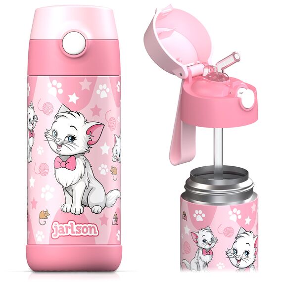 Jarlson® Trinkflasche Kinder Edelstahl Charli [MIT STROHHALM] - Thermosflasche Auslaufsicher - Thermoskanne - Water Bottle Kids - Thermo Trink Flasche für Schule & Kindergarten (350ml, Katze 2)