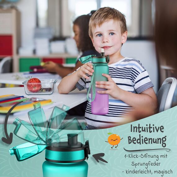 My Vesperbox – Minny - Kinder Trinkflasche auslaufsicher – 500ml – mit Strohhalm oder Sieb - leichte Tritan Wasserflasche - BPA frei - für Kindergarten, Schule (Lila - Grün 500ml)