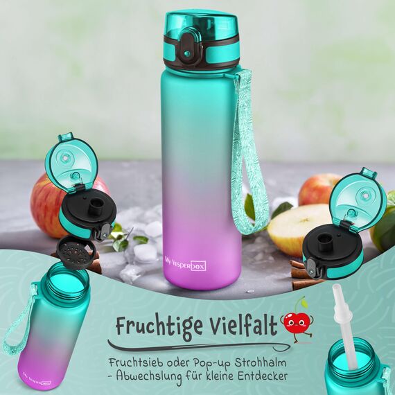 My Vesperbox – Minny - Kinder Trinkflasche auslaufsicher – 500ml – mit Strohhalm oder Sieb - leichte Tritan Wasserflasche - BPA frei - für Kindergarten, Schule (Lila - Grün 500ml)