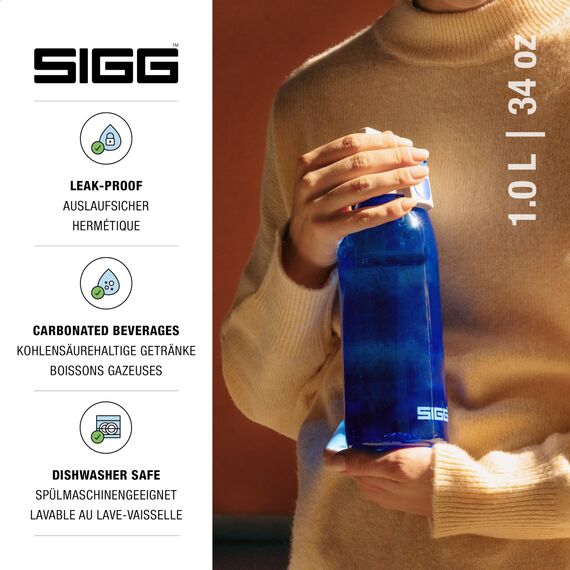 Sigg - Tritan Trinkflasche - Total Color ONE Blue - Für Kohlensäurehaltige Getränke Geeignet - Spülmaschinenfest - Auslaufsicher - Leicht - BPA-frei - Blau - 1L