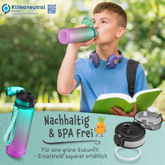 My Vesperbox – Minny - Kinder Trinkflasche auslaufsicher – 500ml – mit Strohhalm oder Sieb - leichte Tritan Wasserflasche - BPA frei - für Kindergarten, Schule (Lila - Grün 500ml)