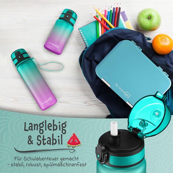 My Vesperbox – Minny - Kinder Trinkflasche auslaufsicher – 500ml – mit Strohhalm oder Sieb - leichte Tritan Wasserflasche - BPA frei - für Kindergarten, Schule (Lila - Grün 500ml)