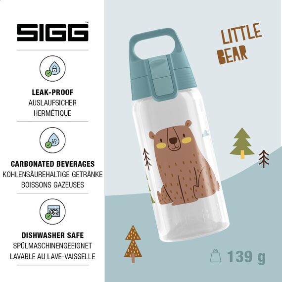 Sigg - Trinkflasche Kinder - Viva One Brown Bear - Für Kohlensäurehaltige Getränke Geeignet - Auslaufsicher - Spülmaschinenfest - BPA-frei - Sport & Schule - Transparent - 0,5L