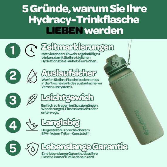 Hydracy Trinkflasche mit Fruchteinsatz - 1L Wasserflasche - BPA-freie Trinkflasche mit Zeitmarkierung Auslaufsichere Sportflasche - Kondensationsfrei für Sport und Outdoor