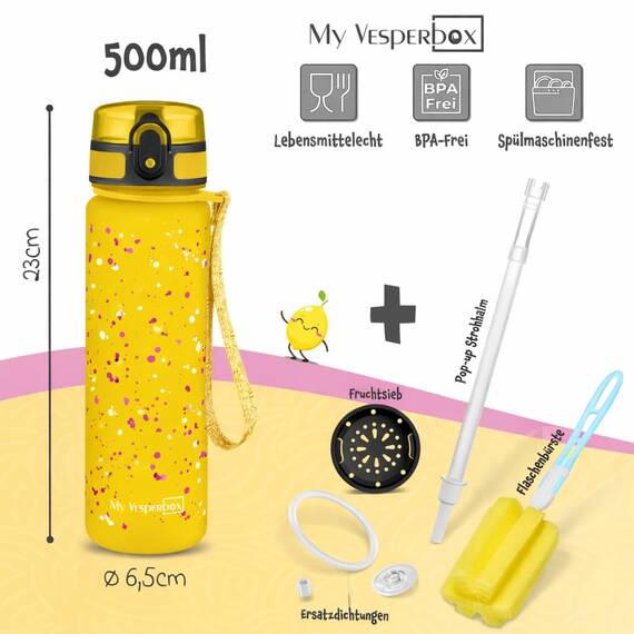 My Vesperbox® Trinkflasche Kinder [500ML] - Wasserflasche Kohlensäure Geeignet & Auslaufsicher - Water Bottle Kids - für Schule & Sport - Kinderflasche für Mädchen & Jungen - inkl. Ersatzdichtung