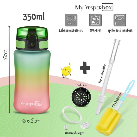 My Vesperbox® Trinkflasche Kinder [350ML] - Wasserflasche Kohlensäure Geeignet & Auslaufsicher - Water Bottle Kids - für Schule & Sport - Kinderflasche für Mädchen & Jungen - inkl. Ersatzdichtung