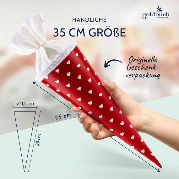 goldbuch 93 012 Geschwistertüte Herzen, Schultüte aus Lackarton mit Herzenmuster, Geschenkverpackung mit weißem Filzverschluss (ohne Verschlussband), Zuckertüte rund, Länge 35 cm, Ø 11,5 cm, Rot
