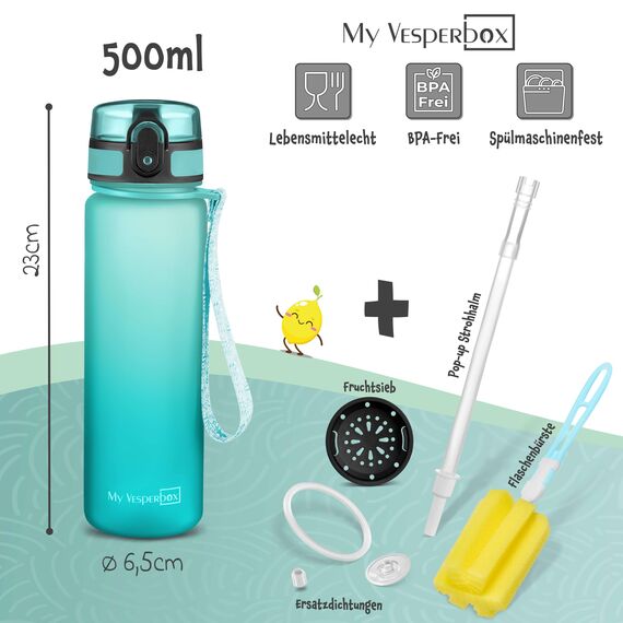 My Vesperbox® Trinkflasche Kinder [500ML] - Wasserflasche Kohlensäure Geeignet & Auslaufsicher - Water Bottle Kids - für Schule & Sport - Kinderflasche für Mädchen & Jungen - inkl. Ersatzdichtung