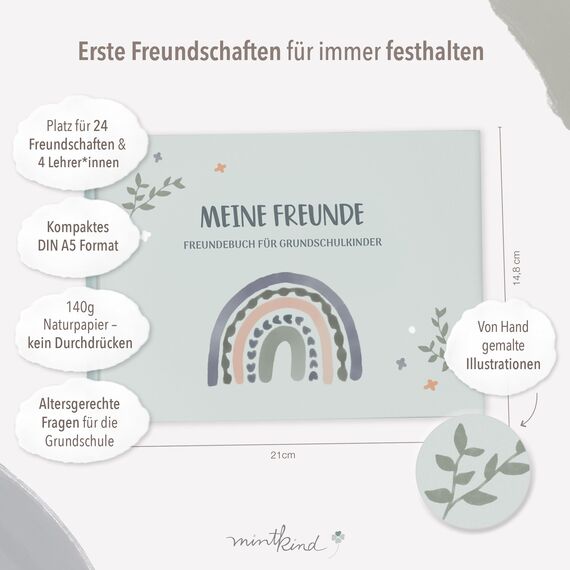 mintkind® „Meine Schulfreunde“ Freundebuch Schule Mädchen & Jungen Mint Design | Freundschaftsbuch Grundschule | Meine Freunde Buch Geschenk zur Einschulung | Schulfreundebuch zum Ausfüllen