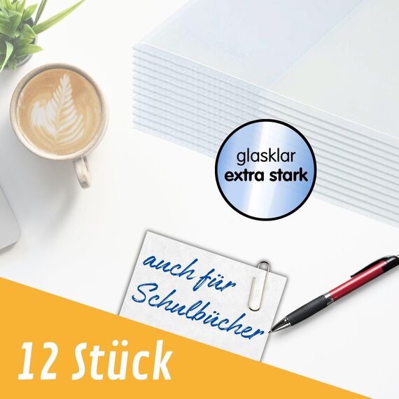 perfect line – 12x Buchumschlag 26,5 cm Höhe – Schulbuchhülle extra stabil aus PP – Buchschoner glasklar, transparent, abwischbar – Hülle bis 54 cm Breite – Made in EU – ideal für Bücher
