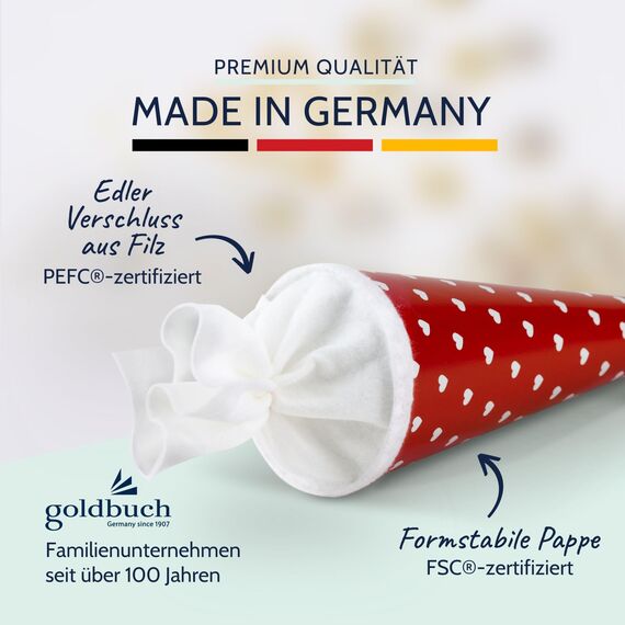 goldbuch 93 012 Geschwistertüte Herzen, Schultüte aus Lackarton mit Herzenmuster, Geschenkverpackung mit weißem Filzverschluss (ohne Verschlussband), Zuckertüte rund, Länge 35 cm, Ø 11,5 cm, Rot