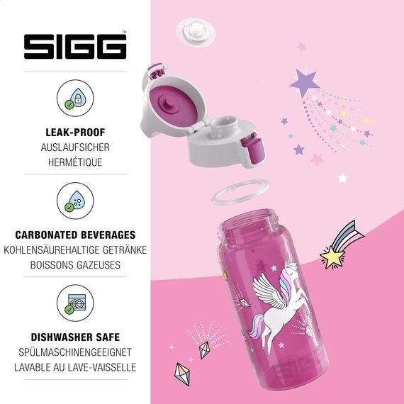 Sigg - Trinkflasche Kinder - Viva One Unifly - Für Kohlensäurehaltige Getränke Geeignet - Auslaufsicher - Spülmaschinenfest - BPA-frei - Sport & Schule - Rosa mit Einhorn - 0,5L