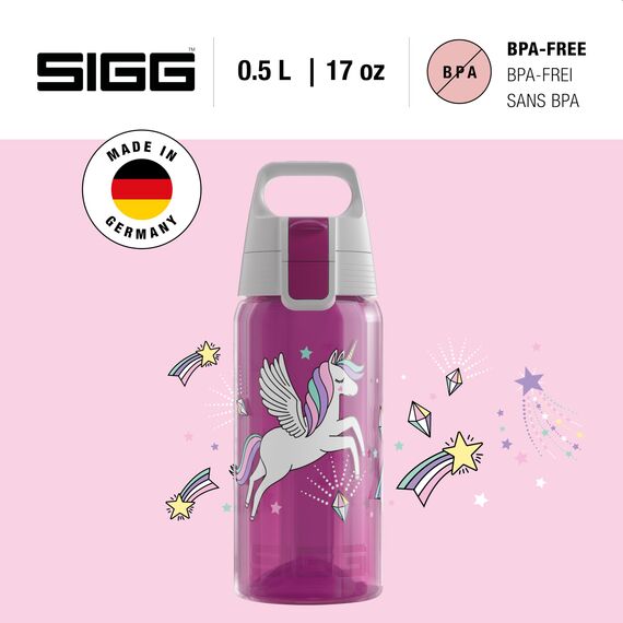 Sigg - Trinkflasche Kinder - Viva One Unifly - Für Kohlensäurehaltige Getränke Geeignet - Auslaufsicher - Spülmaschinenfest - BPA-frei - Sport & Schule - Rosa mit Einhorn - 0,5L