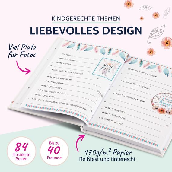 goldbuch 43 205 Freundebuch Traumfänger DIN A5, zum Ausfüllen, Erinnerungsbuch an Freunde, Notizbuch mit 84 illustrierte Seiten, Einband mit Kunstdruck, Weiß