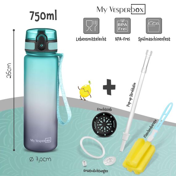 My Vesperbox® Trinkflasche Kinder [750ML] - Wasserflasche Kohlensäure Geeignet & Auslaufsicher - Water Bottle Kids - für Schule & Sport - Kinderflasche für Mädchen & Jungen - inkl. Ersatzdichtung
