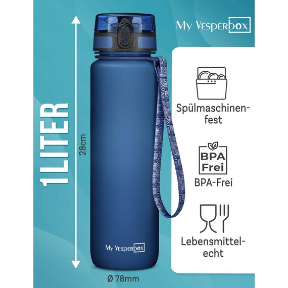 My Vesperbox® Trinkflasche Kinder [1000ML] - Wasserflasche Kohlensäure Geeignet & Auslaufsicher - Water Bottle Kids - für Schule & Sport - Kinderflasche für Mädchen & Jungen - inkl. Ersatzdichtung