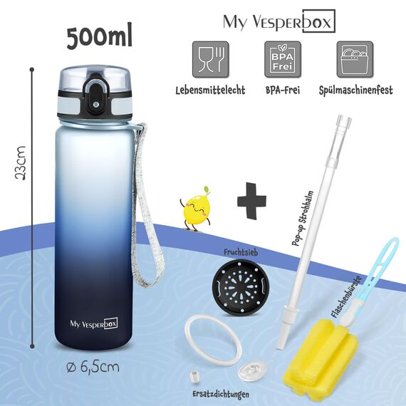 My Vesperbox® Trinkflasche Kinder [500ML] - Wasserflasche Kohlensäure Geeignet & Auslaufsicher - Water Bottle Kids - für Schule & Sport - Kinderflasche für Mädchen & Jungen - inkl. Ersatzdichtung