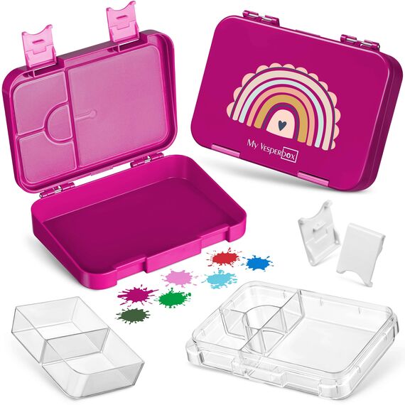 My Vesperbox – Len - Bento Box Kinder - Lunchbox mit 4+2 Fächern - extrem robust – Brotdose – Brotbox ideal für Kindergarten und Schule (Lila Regenbogen)