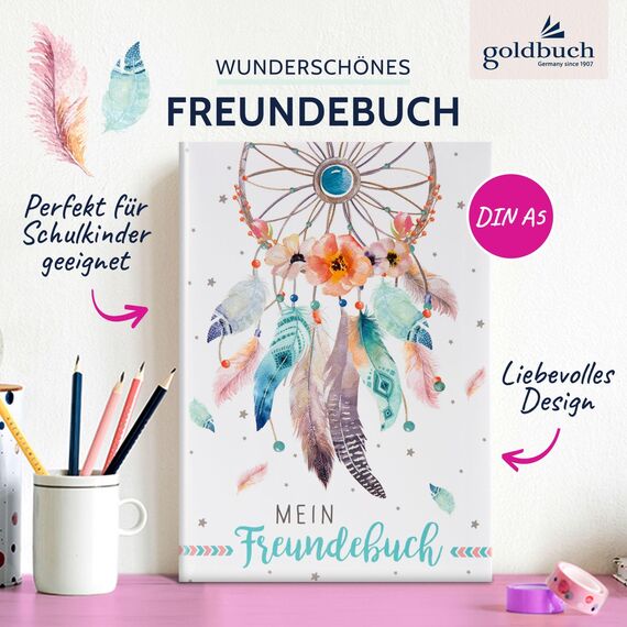 goldbuch 43 205 Freundebuch Traumfänger DIN A5, zum Ausfüllen, Erinnerungsbuch an Freunde, Notizbuch mit 84 illustrierte Seiten, Einband mit Kunstdruck, Weiß