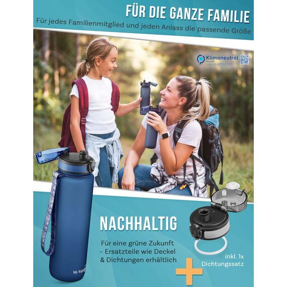 My Vesperbox® Trinkflasche Kinder [1000ML] - Wasserflasche Kohlensäure Geeignet & Auslaufsicher - Water Bottle Kids - für Schule & Sport - Kinderflasche für Mädchen & Jungen - inkl. Ersatzdichtung