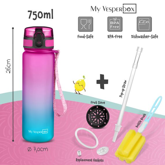 My Vesperbox® Trinkflasche Kinder [750ML] - Wasserflasche Kohlensäure Geeignet & Auslaufsicher - Water Bottle Kids - für Schule & Sport - Kinderflasche für Mädchen & Jungen - inkl. Ersatzdichtung