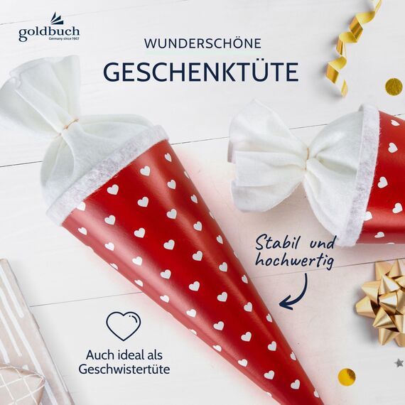 goldbuch 93 012 Geschwistertüte Herzen, Schultüte aus Lackarton mit Herzenmuster, Geschenkverpackung mit weißem Filzverschluss (ohne Verschlussband), Zuckertüte rund, Länge 35 cm, Ø 11,5 cm, Rot